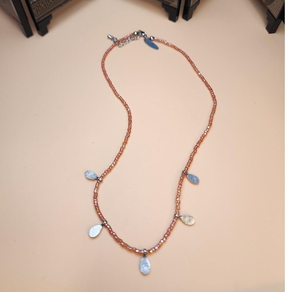 Vtg NY&C Necklace Mother‎ of Pearl Tangerine Glass Seed Beads AB Rhinestone 16"